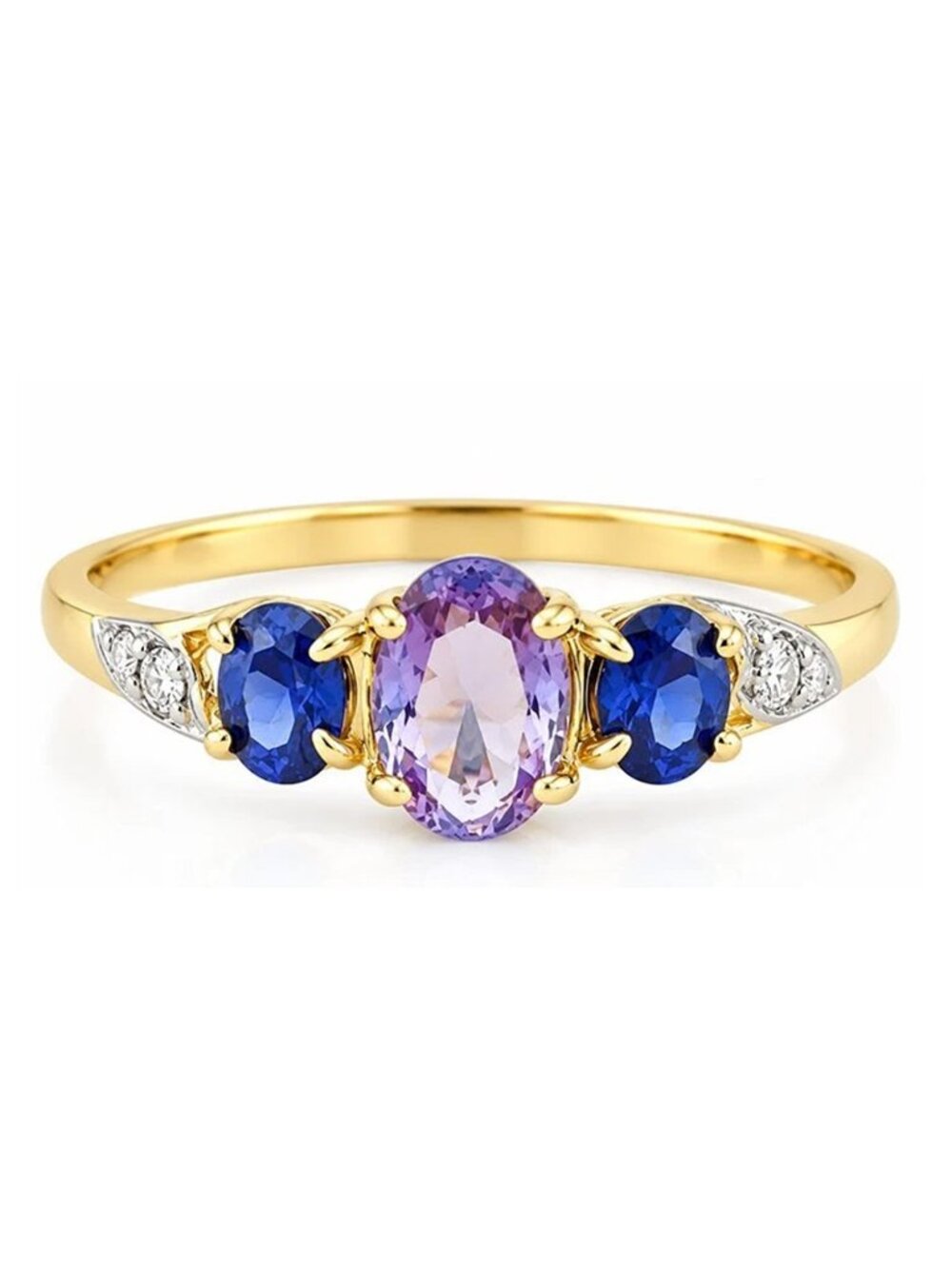 Created Alexandrite, Tanzanite & Genuine Diamond Ring Solid 10k Gold